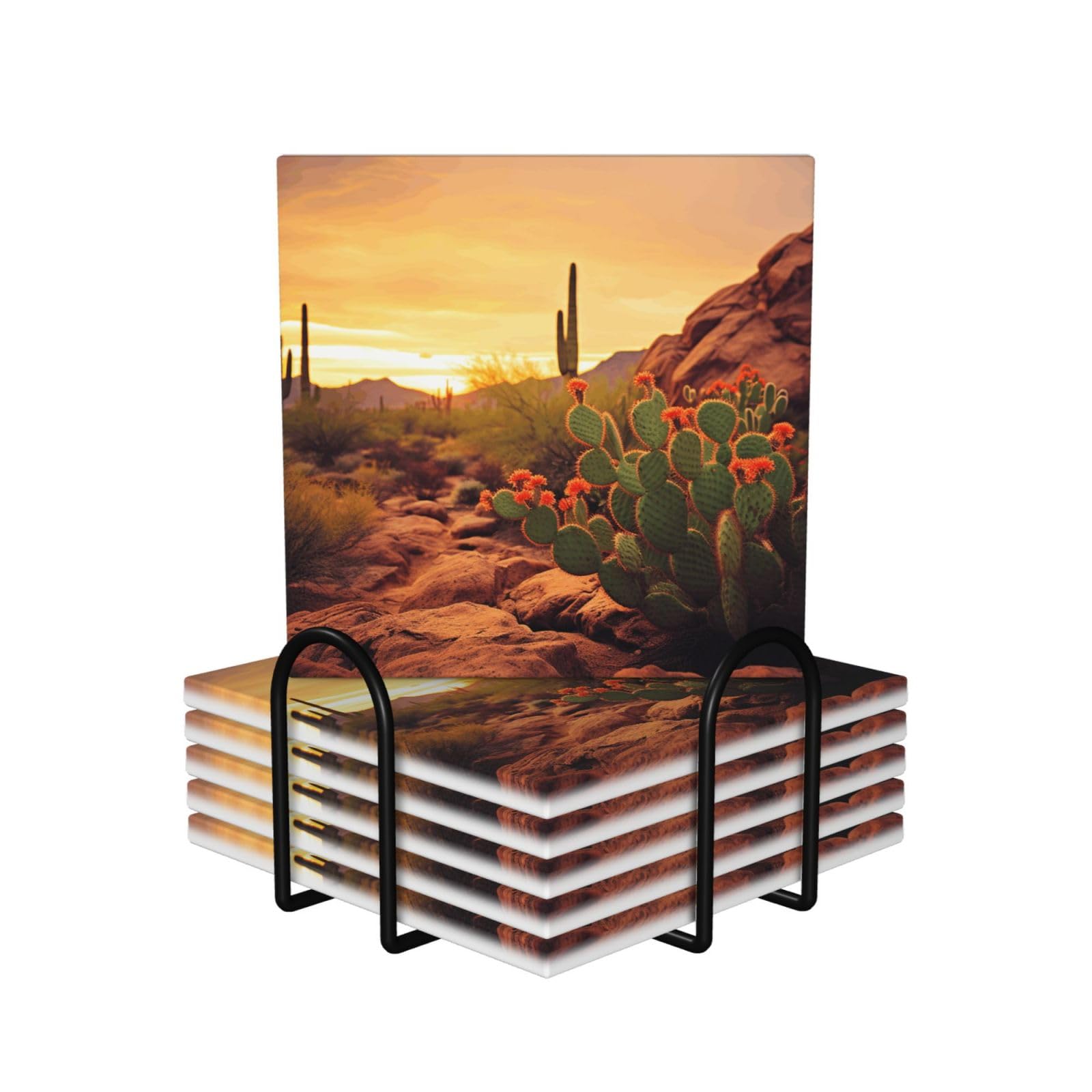 6Pcs Ceramics Coaster for Drinks, Cactus at Sunset Poster Cup Coasters with Holder, Aesthetic Drink Coasters for Coffee Table, Absorbent Round Coaster for Tabletop Protection 4" Cup Mat Pad