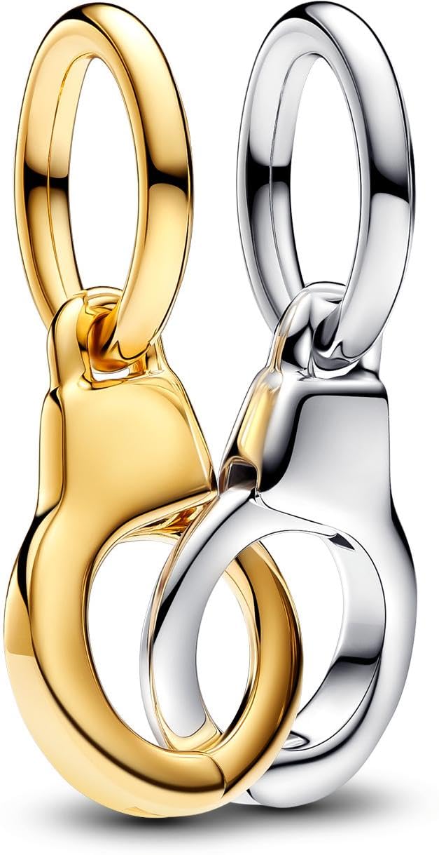Pandora Moments Aufklappbarer & teilbarer Handschellen Charm-Anhänger aus Sterling Silber mit vergoldeter Metalllegierung, Kompatibel mit Pandora Moments und ME Armbänder, 763435C00