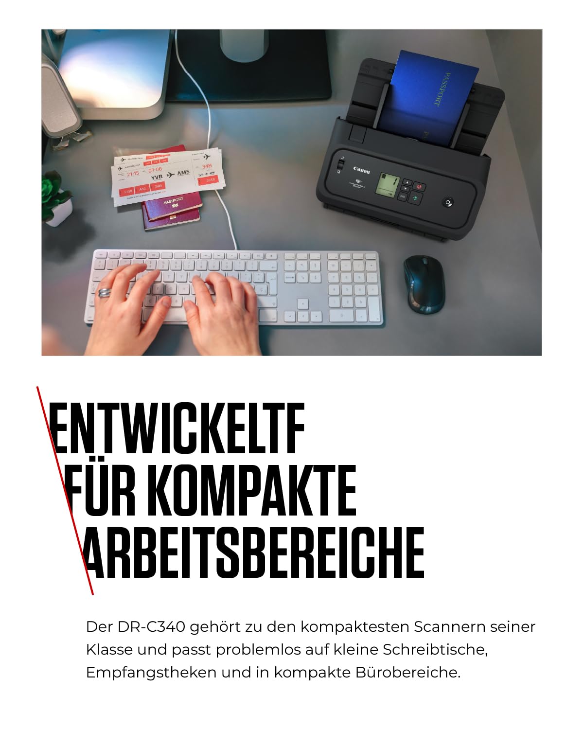 Canon imageFORMULA DR-C340 A4 Dokumentenscanner – Kompaktes Design & erweiterte Bildverarbeitung fürs Büro – 100-Blatt-Einzug – mit Canon CaptureOnTouch Pro