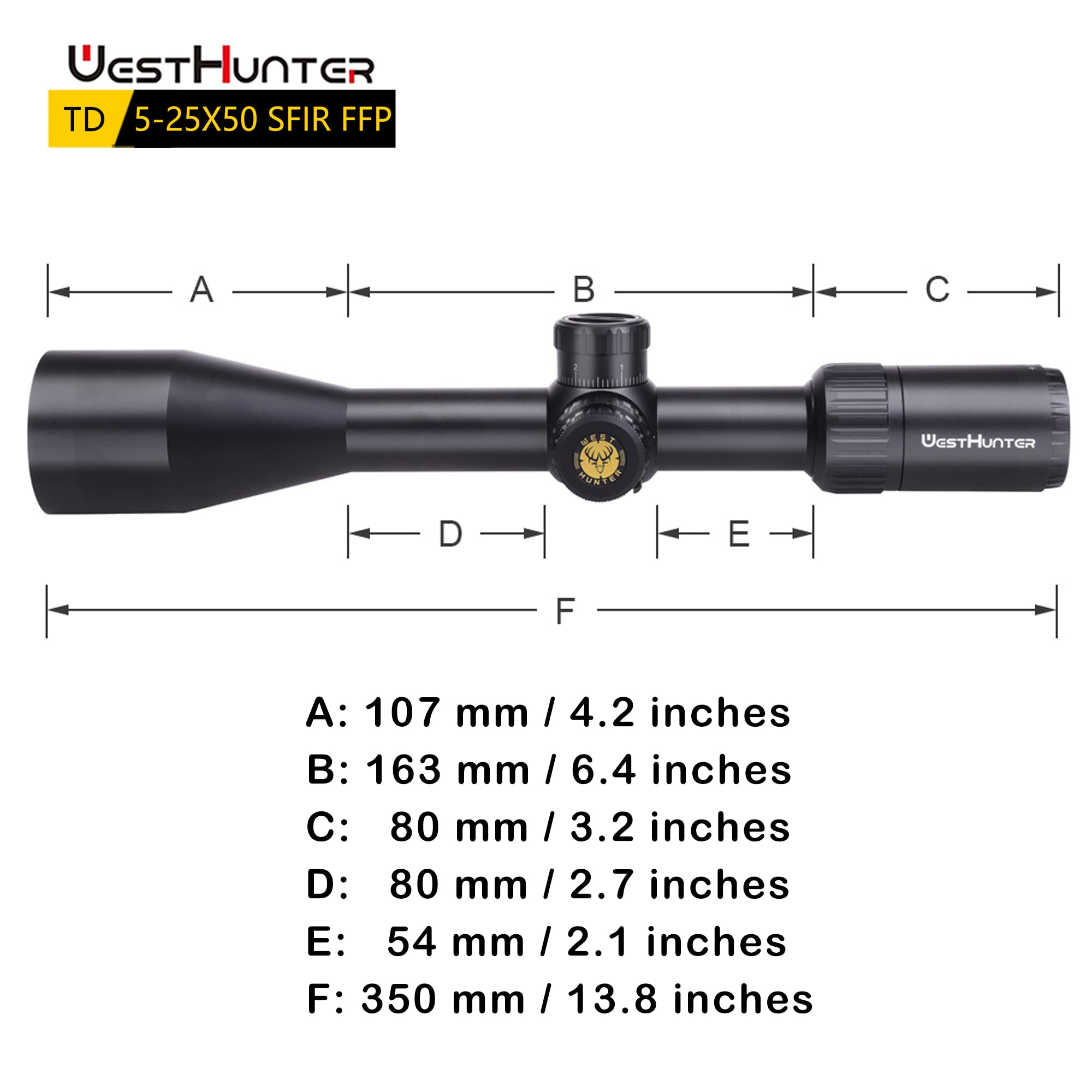 WestHunter Optics TD 5-25x50 SFIR FFP Mira Telescópica, Tubo 30mm Primer Plano Focal, Iluminación Roja, Precisión 1/10 MIL, Visor Competición - Indicado Únicamente para Actividades Deportivas