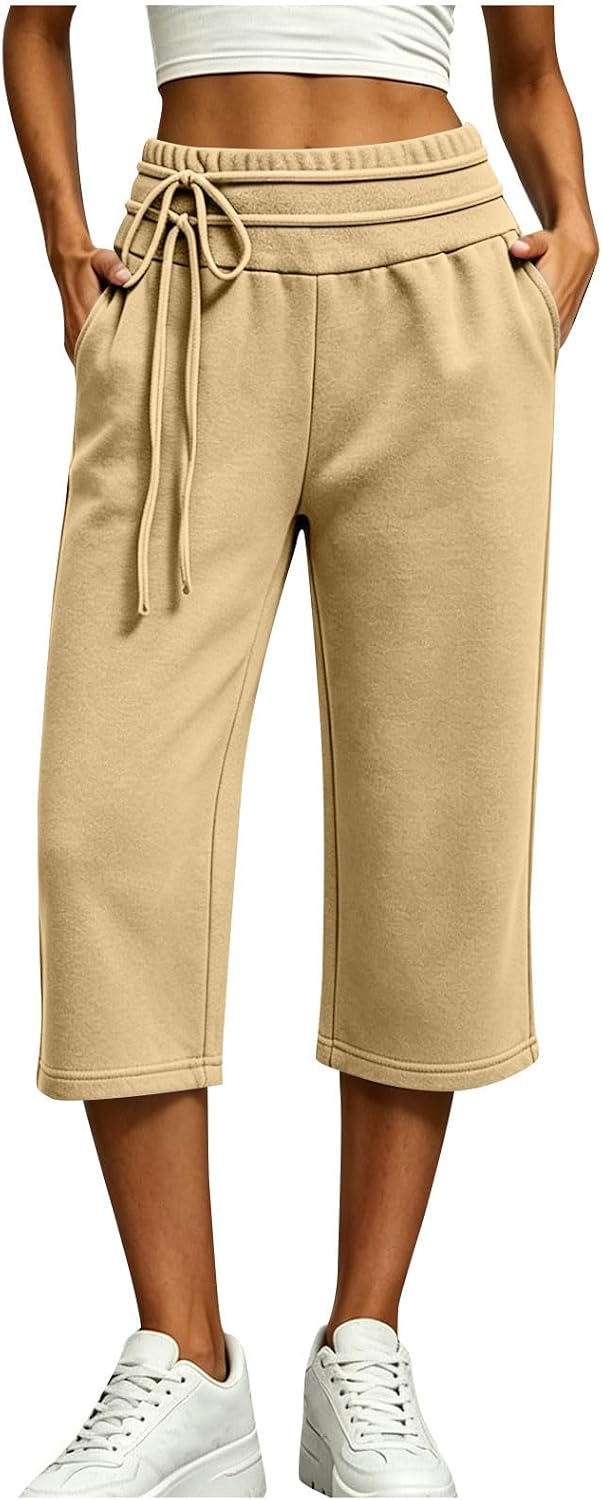 Wide Leg Capri Pants for Women High Waist Summer Travel Casual Pants Comfy Workout Capris Sweatpants with Pockets
