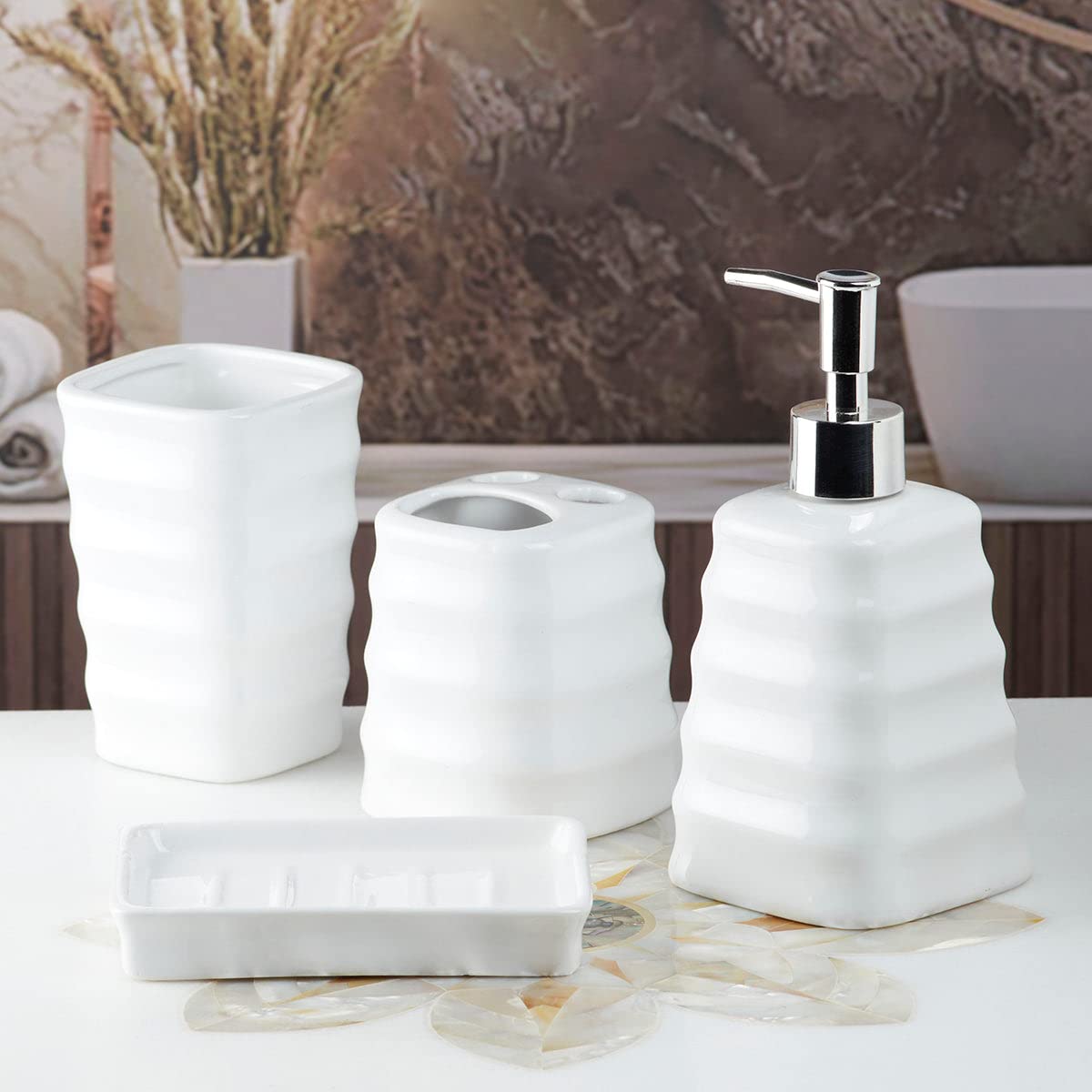 Pakhi Decor Ceramic Bathroom Accessories Set 4-Piece Modern Bath Set with Liquid Soap Dispenser, Toothbrush Holder Tray Luxury Home Gift,White (10108) Pakhi Decor Ceramic Bathroom Accessories Set 4-Piece Modern Bath Set with Liquid Soap Dispenser, Toothbrush Holder Tray Luxury Home Gift,White (10108)