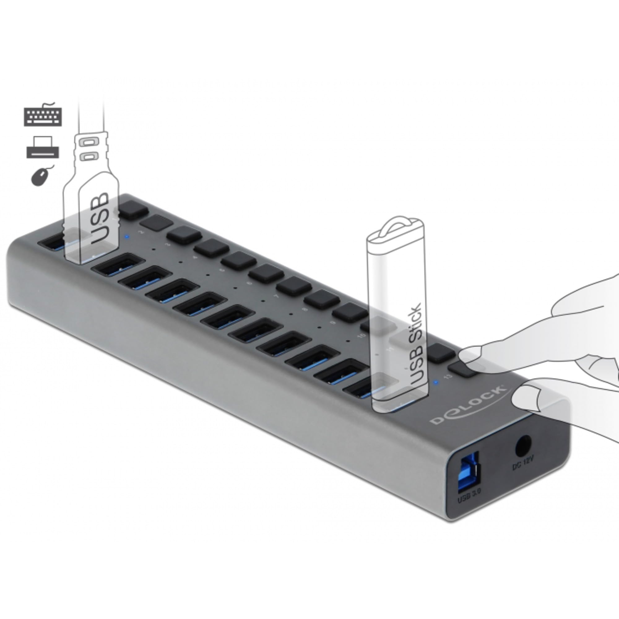 Delock Concentrador USB Externo SuperSpeed con 13 Puertos + Interruptor