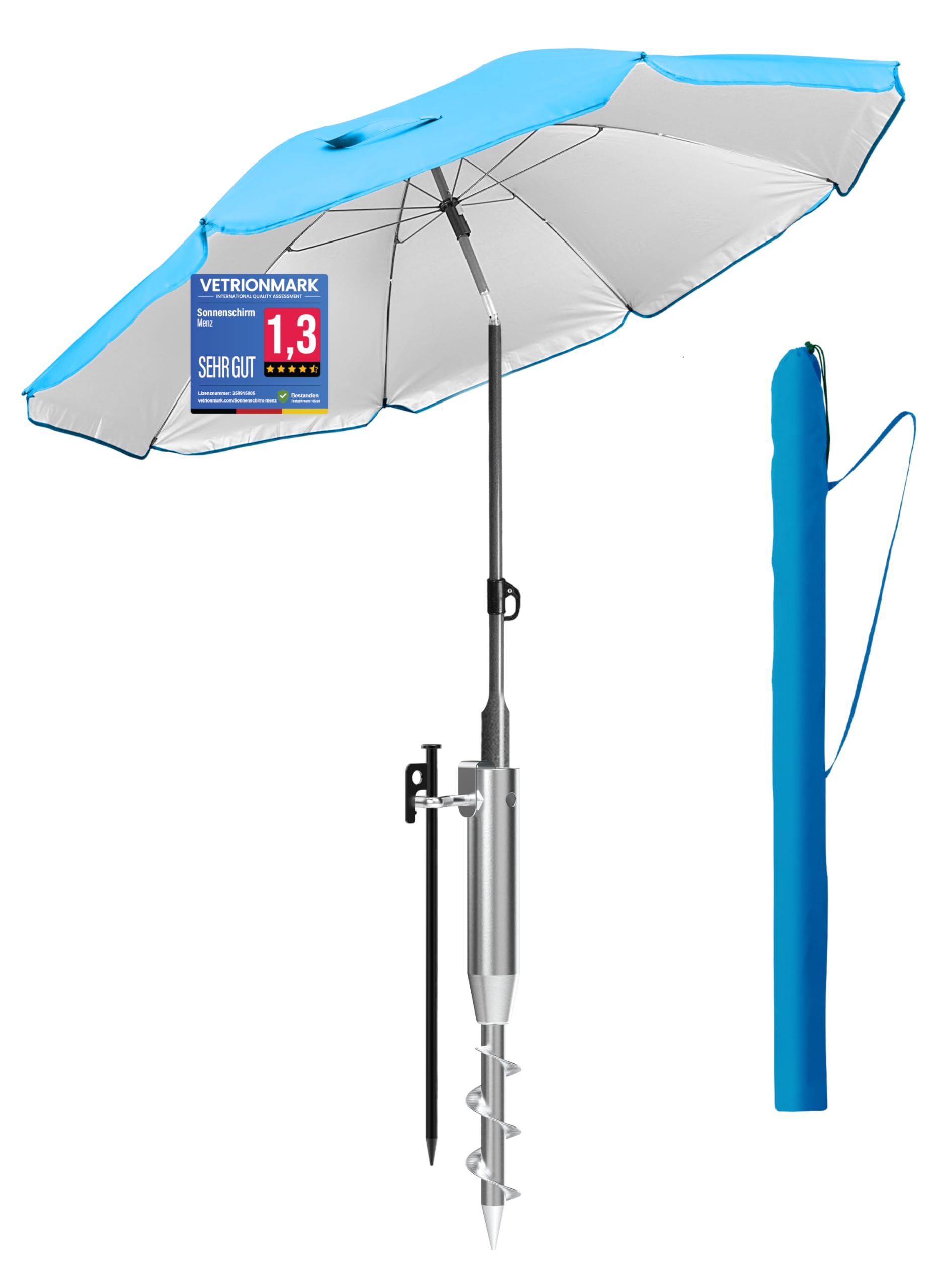 Menz Sonnenschirm Strand mit UV80 Sonnenschutz Strand – Strandschirm Windfest Stabil Ø 180 cm 3er Set, Einschraubhülse Bodenhülse & Schirmhülle, Blau, für Strand, Garten & Camping
