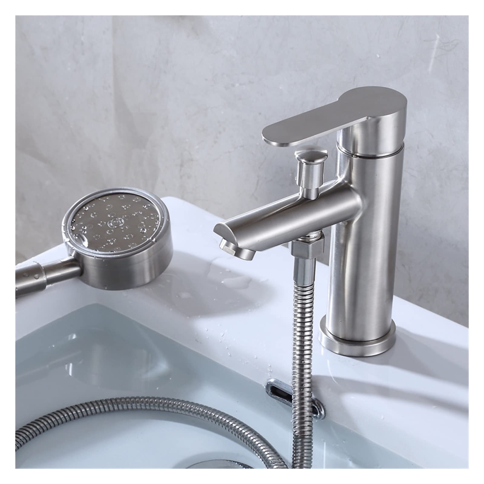 Edelstahl-Waschtischarmatur mit Einhebelmischer, Duschkopf und Warm- und Kaltwasserventil für Badewanne und Waschbecken – stilvolles Design