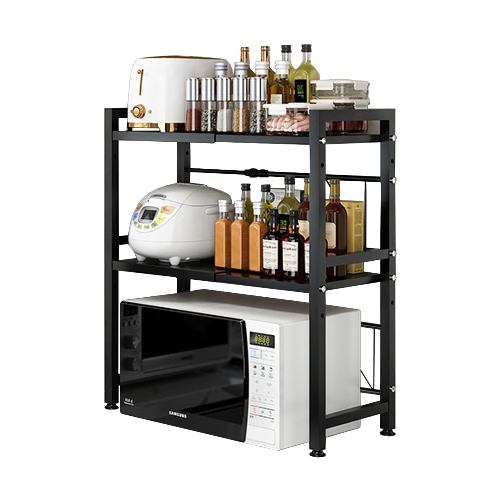 Scaffale per microonde a 2 strati, per tostapane, per cucina, larghezza telescopica 40-63 cm (ottimale entro 60 cm) con gancio mobile, portata 75 kg (nero)