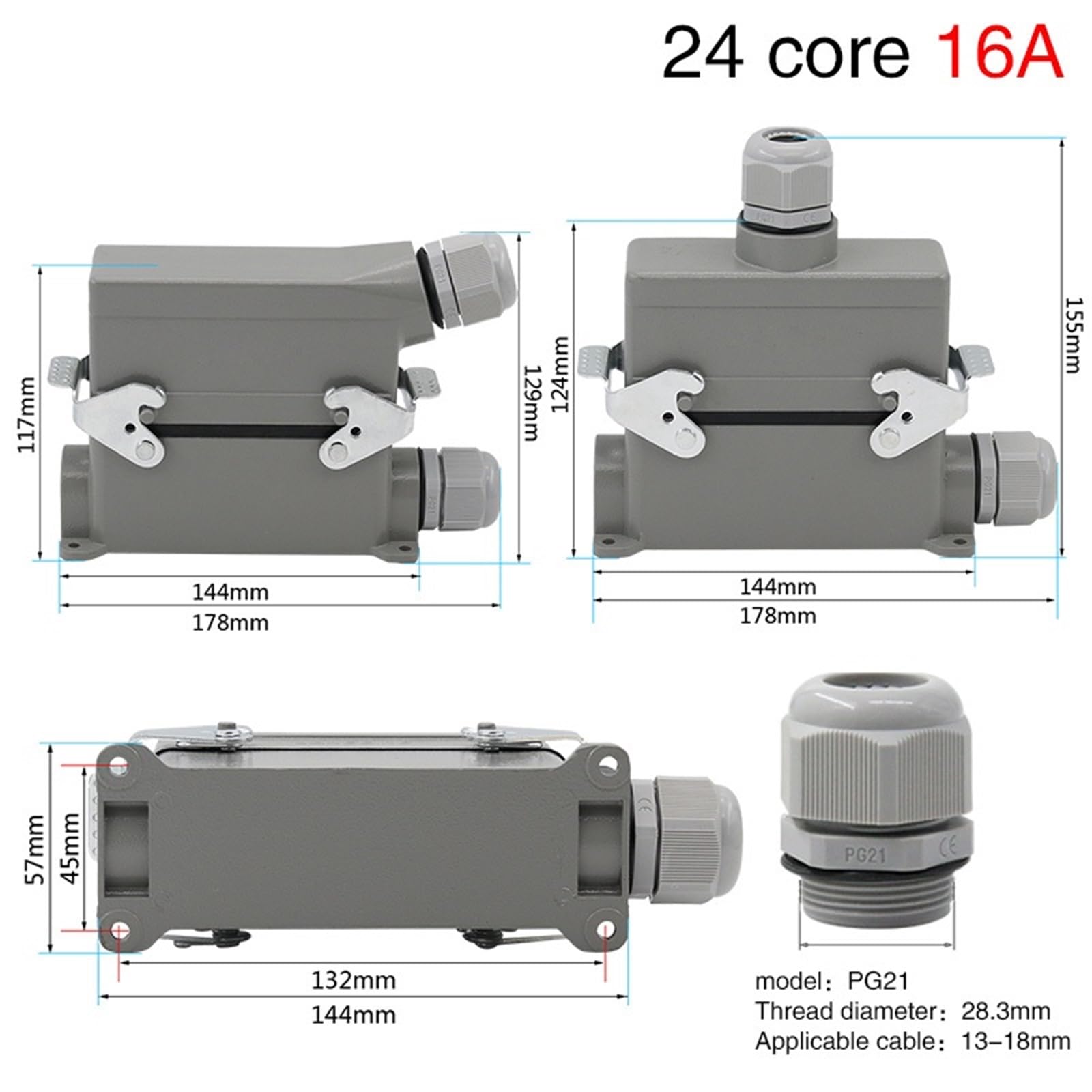 Connecteur robuste Hdc-he-024 rectangulaire 24 cœurs, prise d'aviation à haute Base 16A 1 pièce(Lateral line)