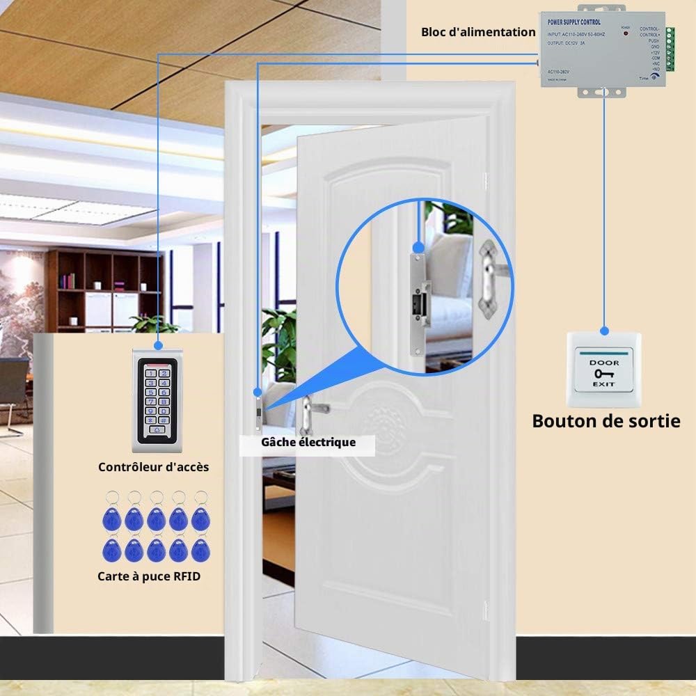 NN99 Kit de système de contrôle d'accès de Porte RFID IP68 Clavier étanche Clavier avec verrou de gâche électrique + Alimentation DC12V 3A + 10 pcs Puce clés