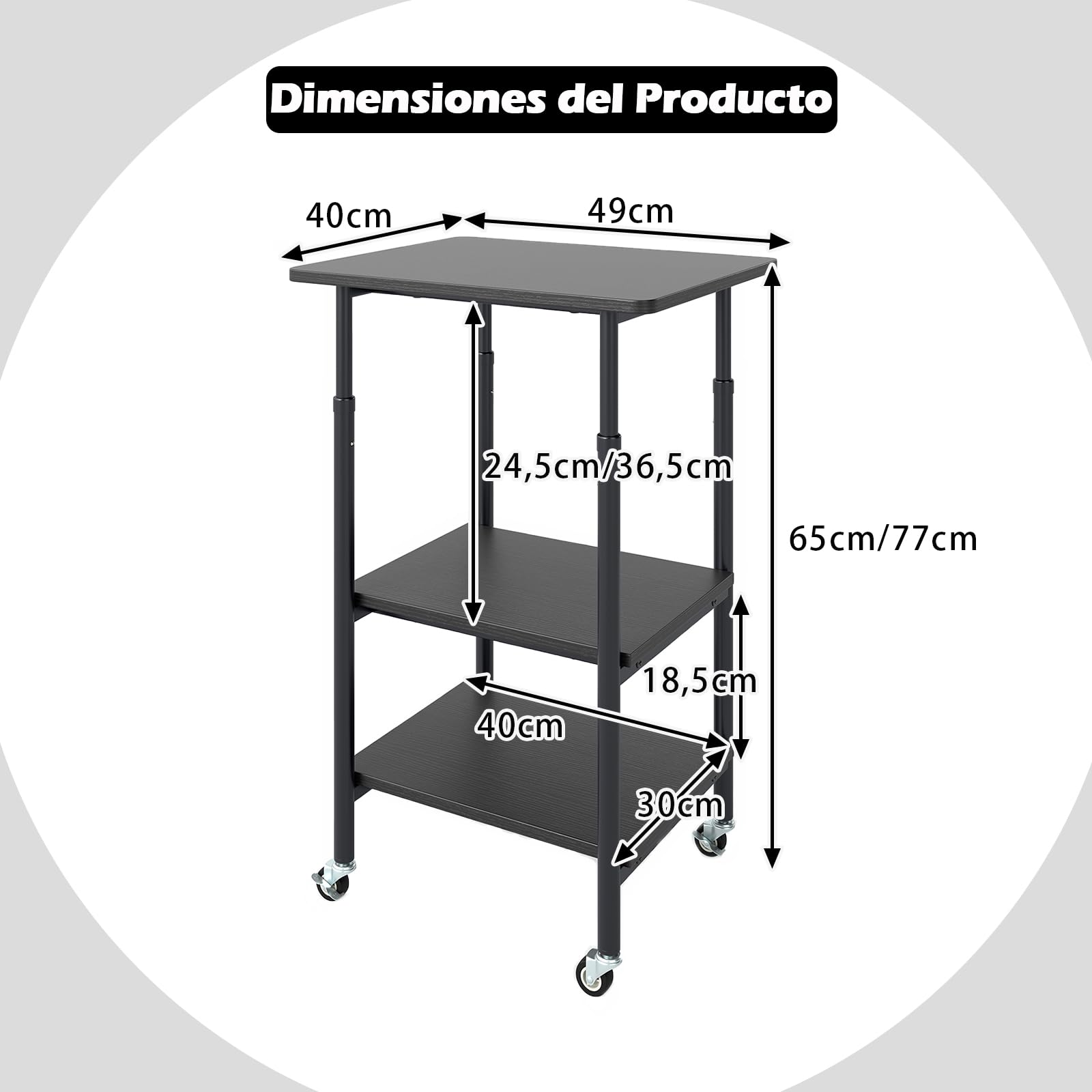 GIANTEX Soporte de Impresora con 4 Ruedas, Mesa de 3 Niveles, Tablero con Altura Ajustable, Estructura de Metal, 49 x 40 x 65-77 cm, Carrito Auxiliar para Oficina, Salón, Dormitorio (Negro)