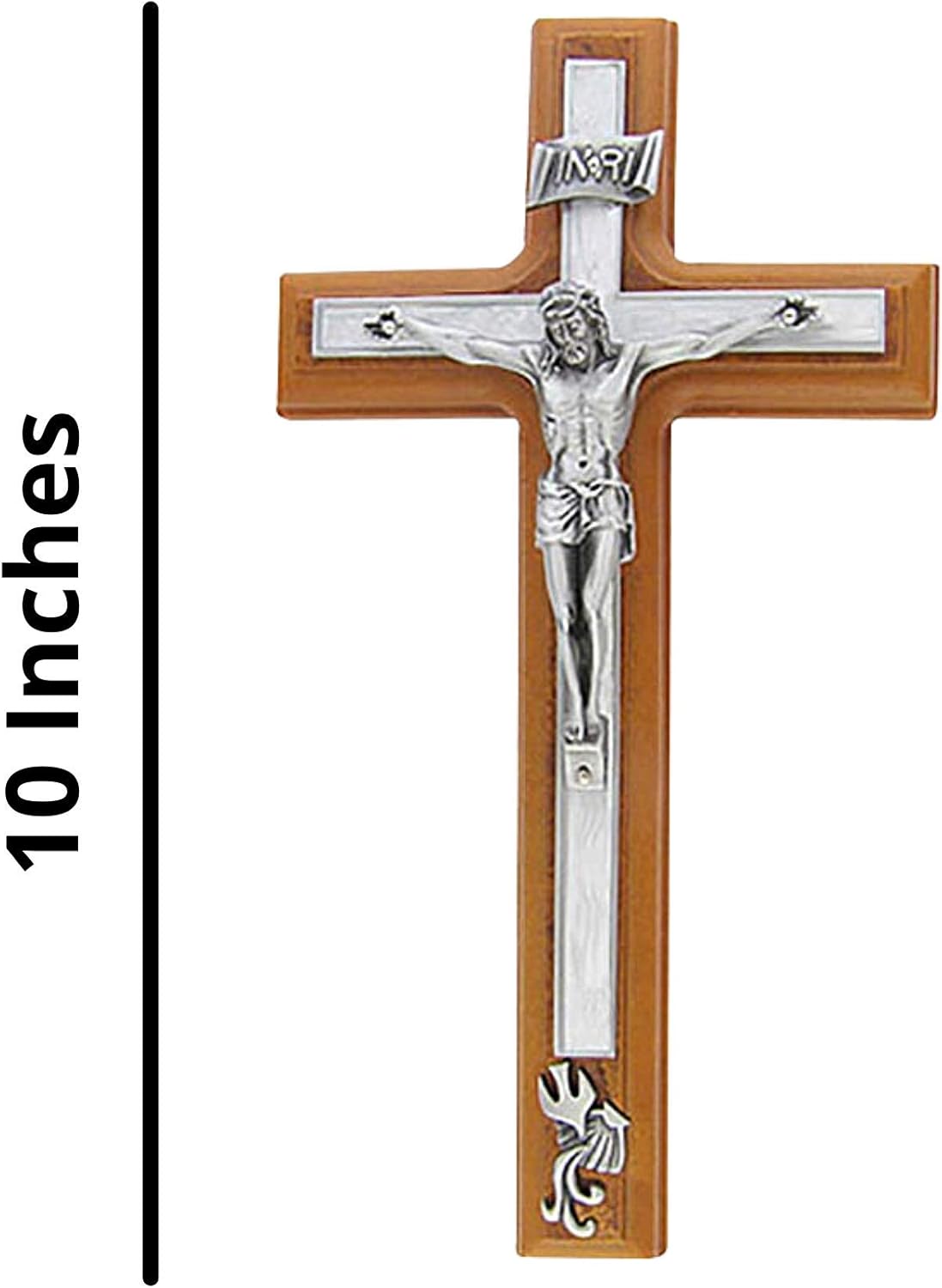 Catholic Baptism Wooden Wall Cross Crucifix with White Epoxy, 10 Inch