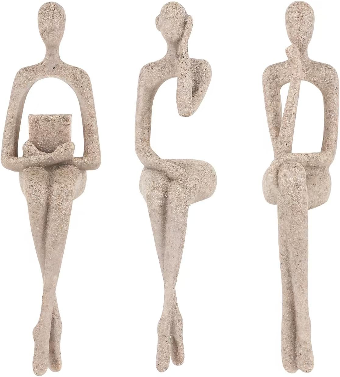 3Pcs Sandstone Resin Thinker Statue Accents Reading Women Sculptures, Abstract Art Ornament,Modern Neutral Home Decoration for Living Room Office Shelf Table Desk Bookshelf Décor