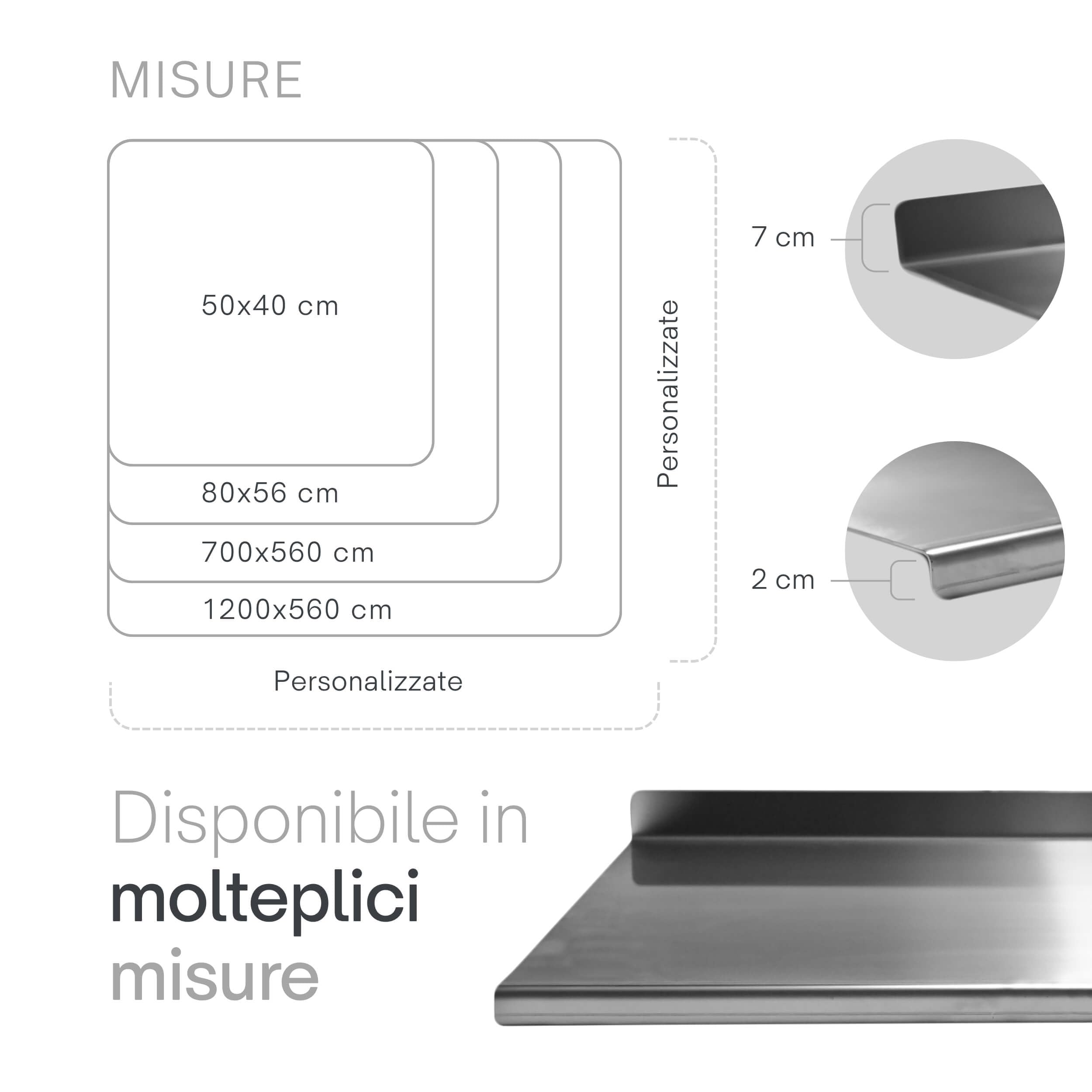 PRM Acciai Tagliere Acciaio Inox Misura Personalizzabile - Tagliere da Cucina e Spianatoia Acciaio Inox per Impastare Pizza, Pane, Pasta Sfoglia, Cioccolato e Dolci - Larg 900x500 Piega 20mm Alz 70mm