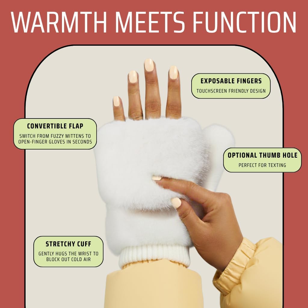 Funky Junque Faux Fur Flip Mittens Womens Warm Convertible Fingerless Gloves image 3
