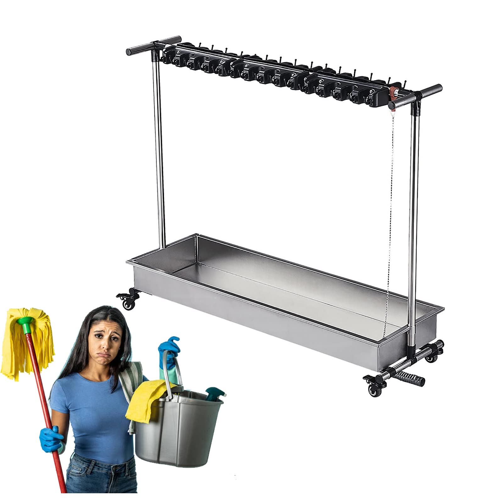 AYCDL Movable Mop Broom Holder Put Wet Mops, Commercial Floor-Mounted Mop Rack,Floor Standing Cleaning Tool Cart, Garage Tool Storage Organizer, Umbrella Stand, Wet M,16slots