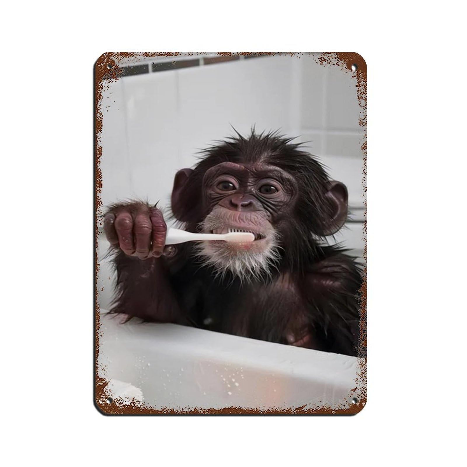 Monkey Brushing Teeth, Hilarious Bathroom Art Retro Poster Metal Tin Sign Chic Art Retro Iron Painting Bar People Cave Cafe Family Garage Poster Wall Decoration 12x16inch(30x40cm)