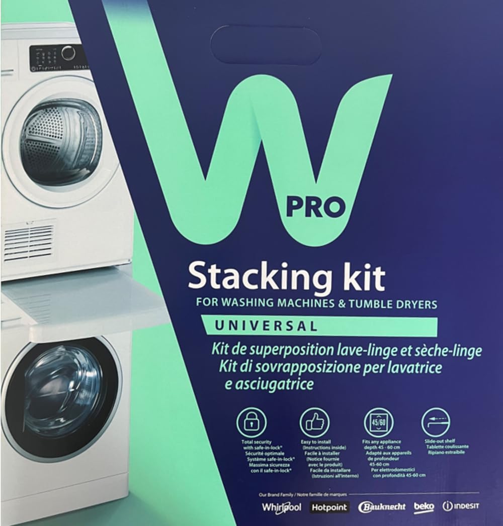 Recamania Kit de Unión Universal Wpro para Torre Lavadora y Secadora 60x60cm – Soporte Apilable con Estante Deslizante Incorporado – Incluye Correa de Seguridad Safe-in-Lock