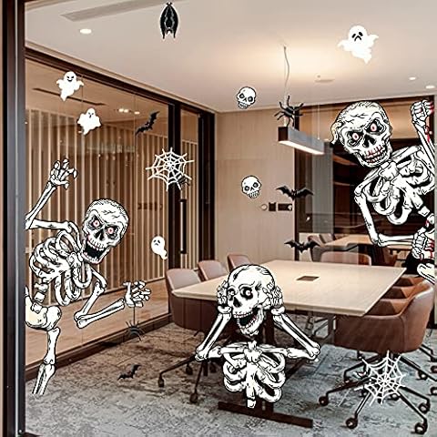 Christoy Halloween Decorations Wall Decal Window Decor Party Supplies 4 Sheets The Dead Large White SkullSkeleton Ghost Bat Spider Window Stickers Halloween Window Clings Decals (H01) Cover