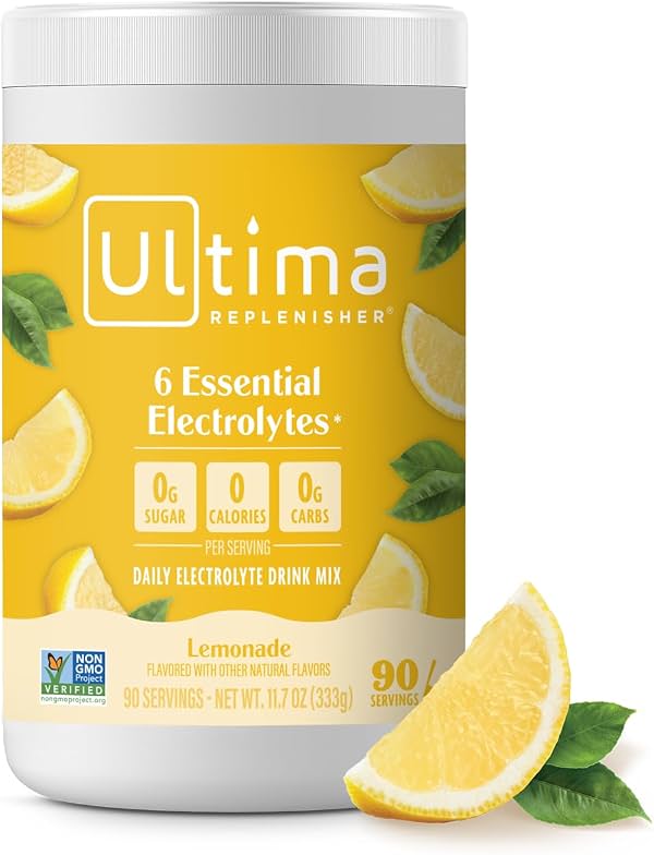Ultima Replenisher Polvo de Electrolitos Diario para Bebida – Sin Azúcar – Limonada, 90 Porciones – Polvo de Hidratación con 6 Electrolitos Clave y Minerales Traza – Keto Friendly, Vegano, No GMO