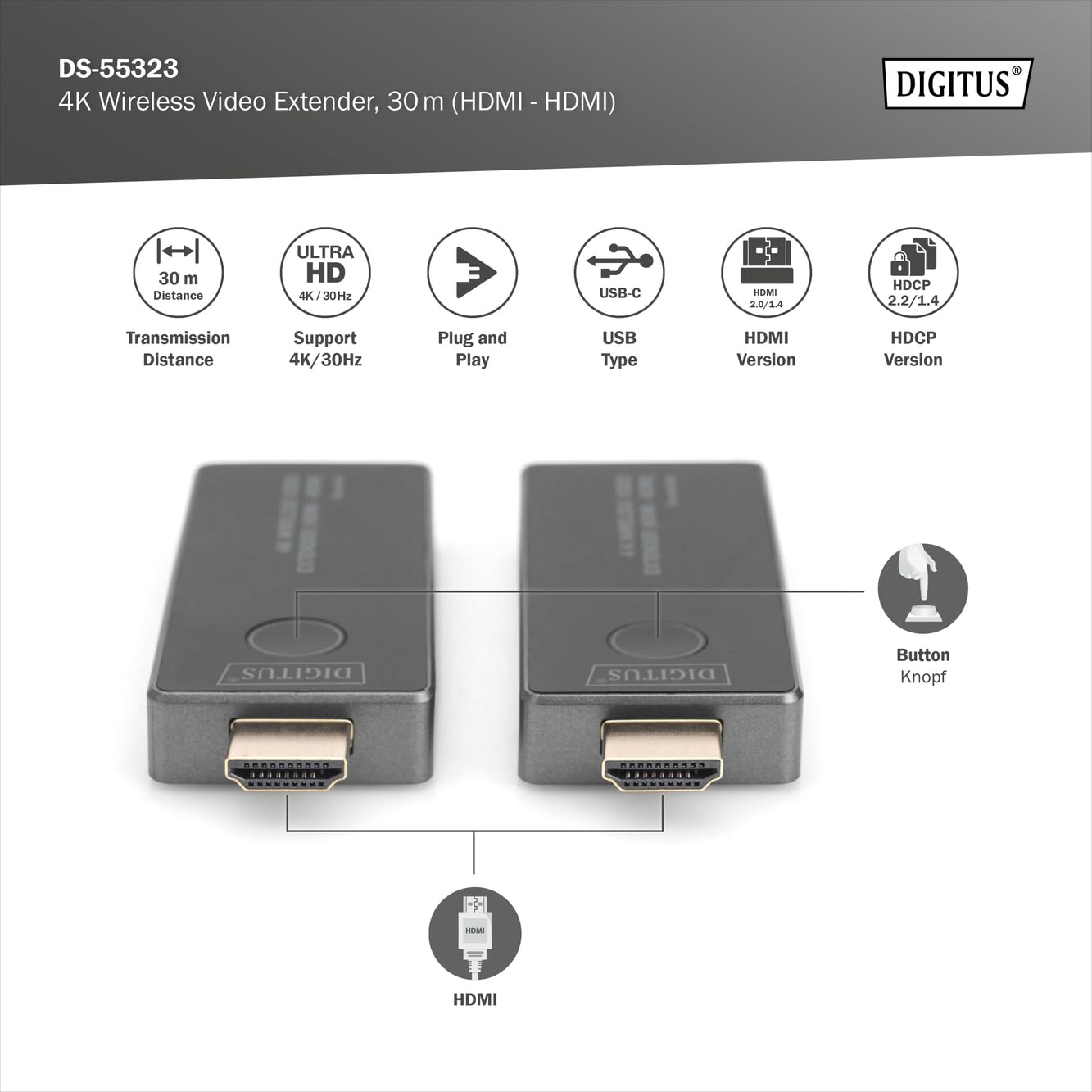 DIGITUS Wireless HDMI Extender – UHD 4K 30 Hz – 30 m Reichweite | Set aus Transmitter und Receiver – HDMI 2.0, HDCP 2.2 – Dualband 2,4 Ghz 5 GHz – ohne App – Grau