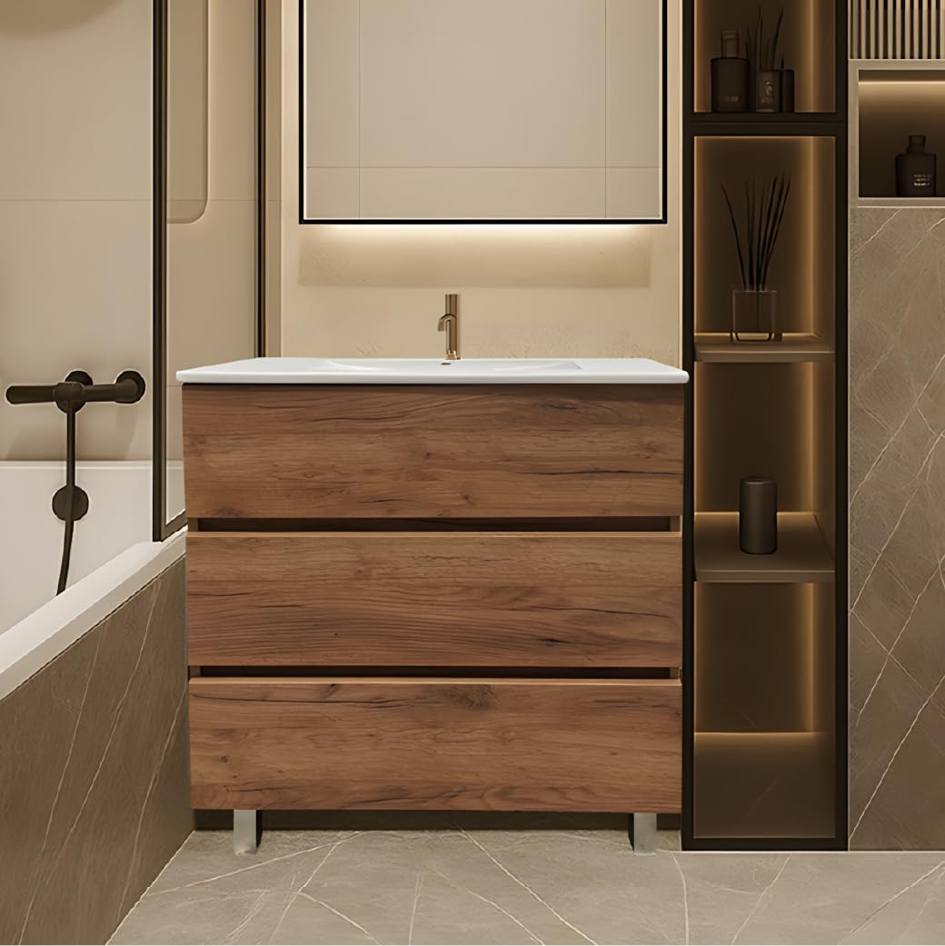 Juego Mueble Baño con Lavabo. Mueble Lavabo 80 cm. Mueble Bajo Lavabo Compacto Preinstalado de Fábrica. Mueble Baño con Lavabo 80 cm con Pie de Porcelana. No Incluye Espejo.