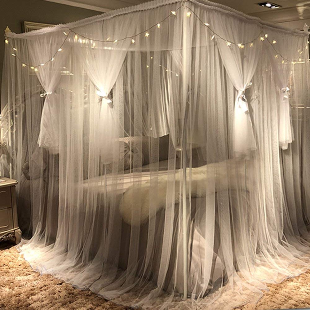 FARMER KING MAT White 86" W*78" L*82" H, 4 Corners Post Canopy Bed Curtain for Girls Boys & Adults, Princess Bedroom Decoration, Royal Luxurious Cozy Drape Netting, Cute Princess Bedroom Decoration 2