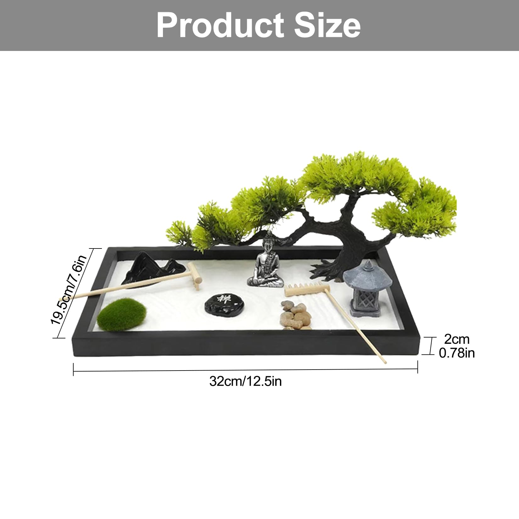 Giardino zen da tavolo in miniatura 12x8 pollici Contiene Statua Barra di spinta Sabbia Vassoio Pietre ecc Per la decorazione fai da te a casa o in ufficio come regali di meditazione