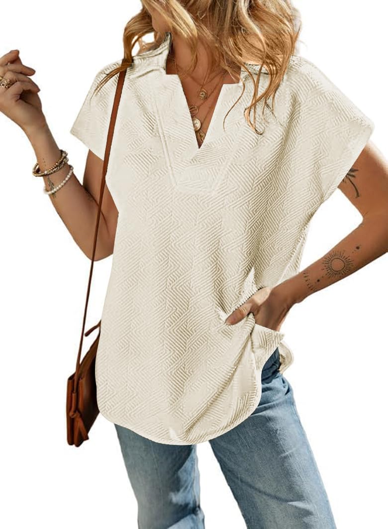 Poetsky Women's Polo Shirts Short Sleeve Summer Casual Collared Shirt Loose V Neck Tunic Tops with Side Slits
