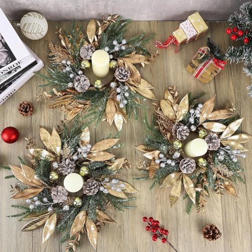 Image of 6 Pcs Christmas Candle Rings Wreaths Artificial Pine Wreaths with Christmas Balls Golden Twigs and Silver Berries Candle Ring Holder for Xmas Winter Indoor Centerpiece Table Decorations