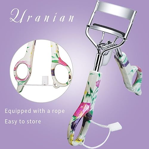 Miniatura 10 de Uranian Rizador de pestañas rosa con 2 almohadillas de repuesto de silicona, mango con purpurina, rizador de pestañas para mujeres y niñas (rosa)