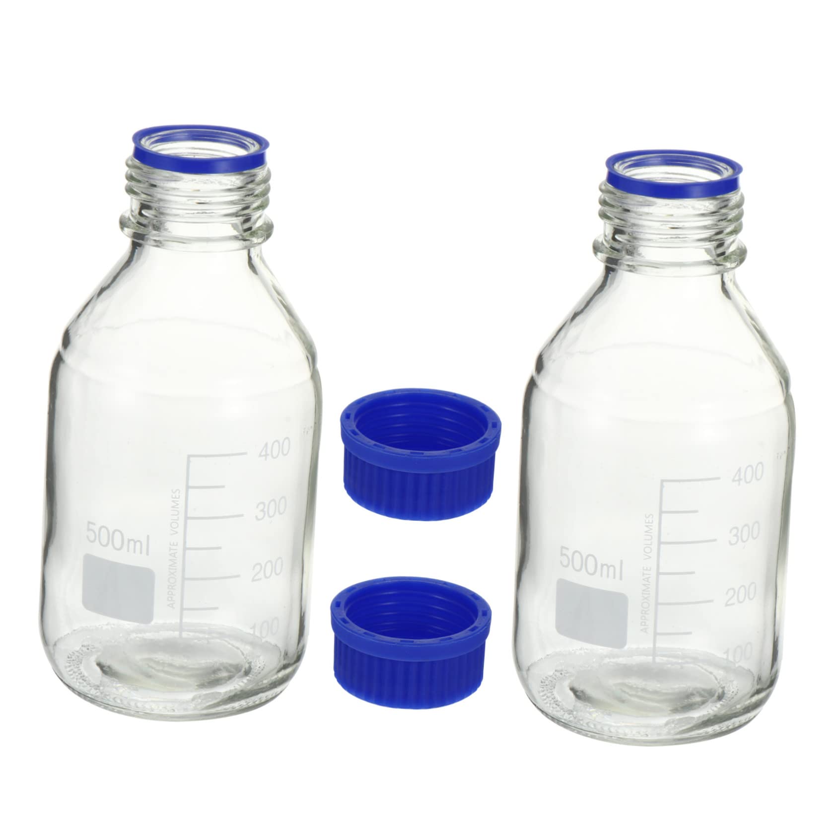 Flacon Round Lab Lot de 2 en Verre, 500ml, Échelle Claire, Couvercle, de Réactif, pour Chimie et Sciences Vie