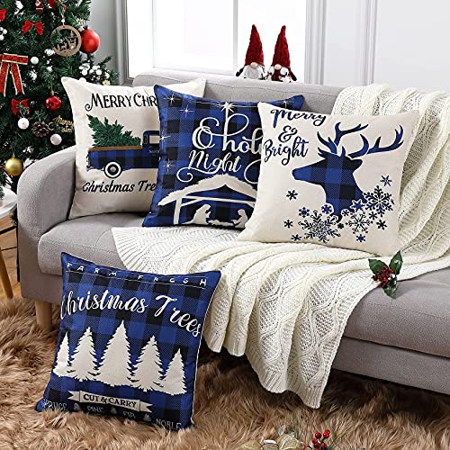 Caromiochristmaspillowcovers18x18inchblackandbluefarmhousebuffaloplaidthrowpillowcasesxmastreedeernativitysceneholynightthrowcushioncoversholidaydecorationssetof4  Urban Country Home Decor Caromio christmas pillow covers 18×18 inch black and blue farmhouse buffalo plaid throw pillow cases xmas tree deer nativity scene holy night throw cushion covers holiday decorations set of 4  urban country home decor