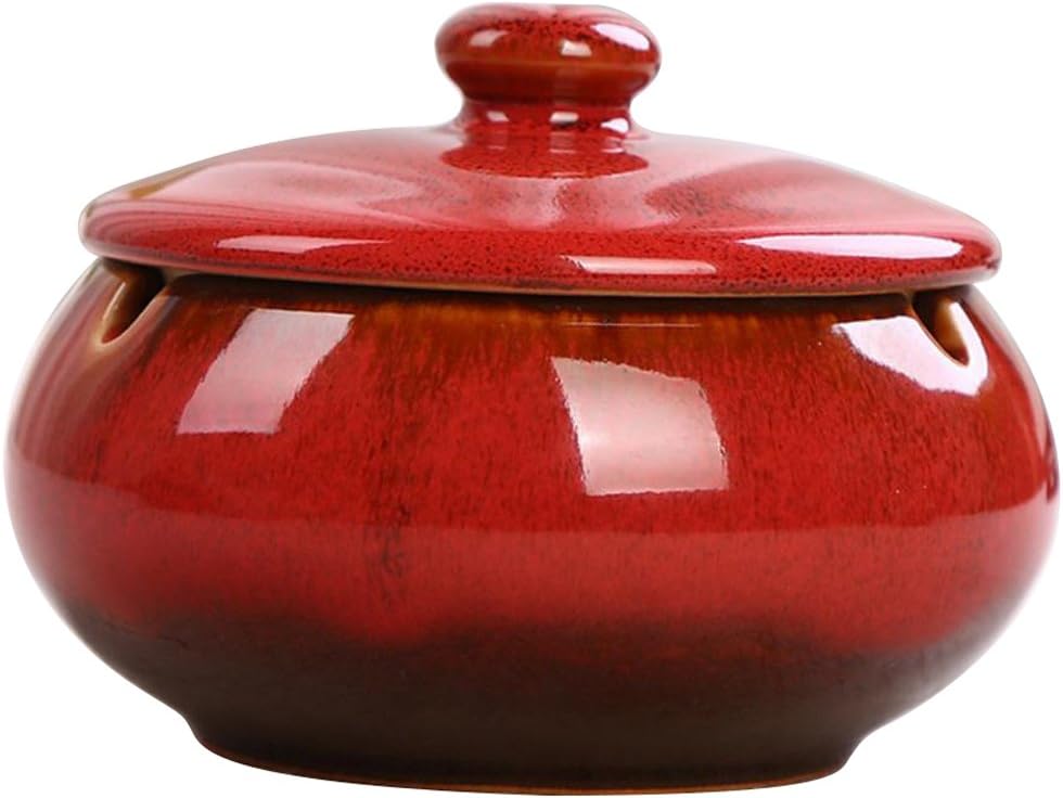 Hoobar Ceramic Ashtray with Lid Round Cigar Ashtray for Home & Office Ash Holder for Smokers Bright red