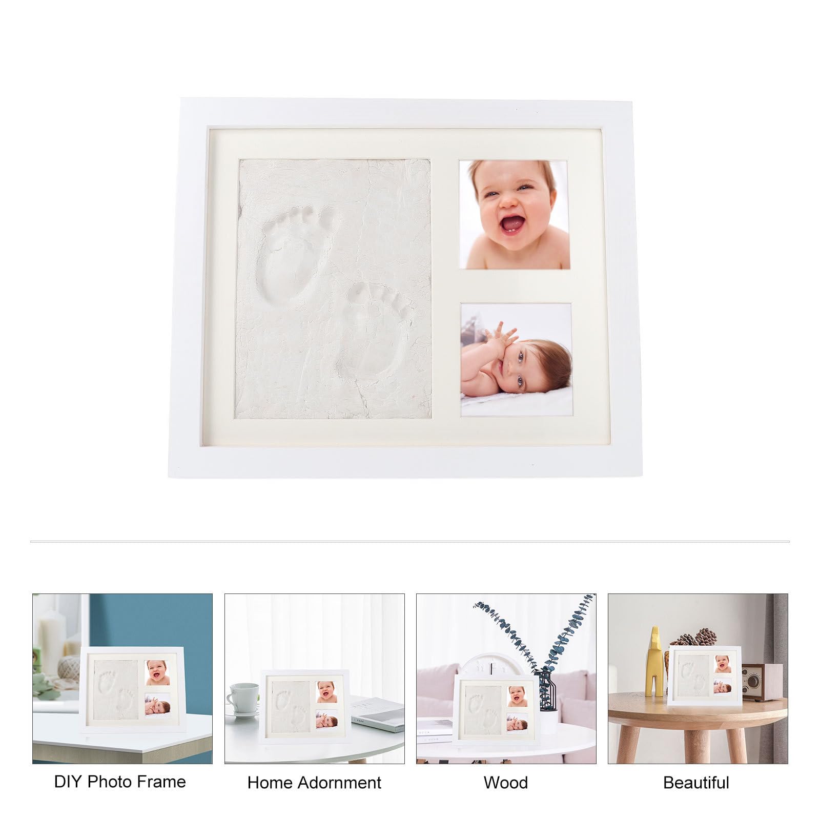 HOMSFOU Marcos de Fotos DIY con Huella de Mano para Niña Marco Múltiple de Madera con Tinta Decoración Creativa para Mostrar Fotos y Huellas Infantiles Blanco