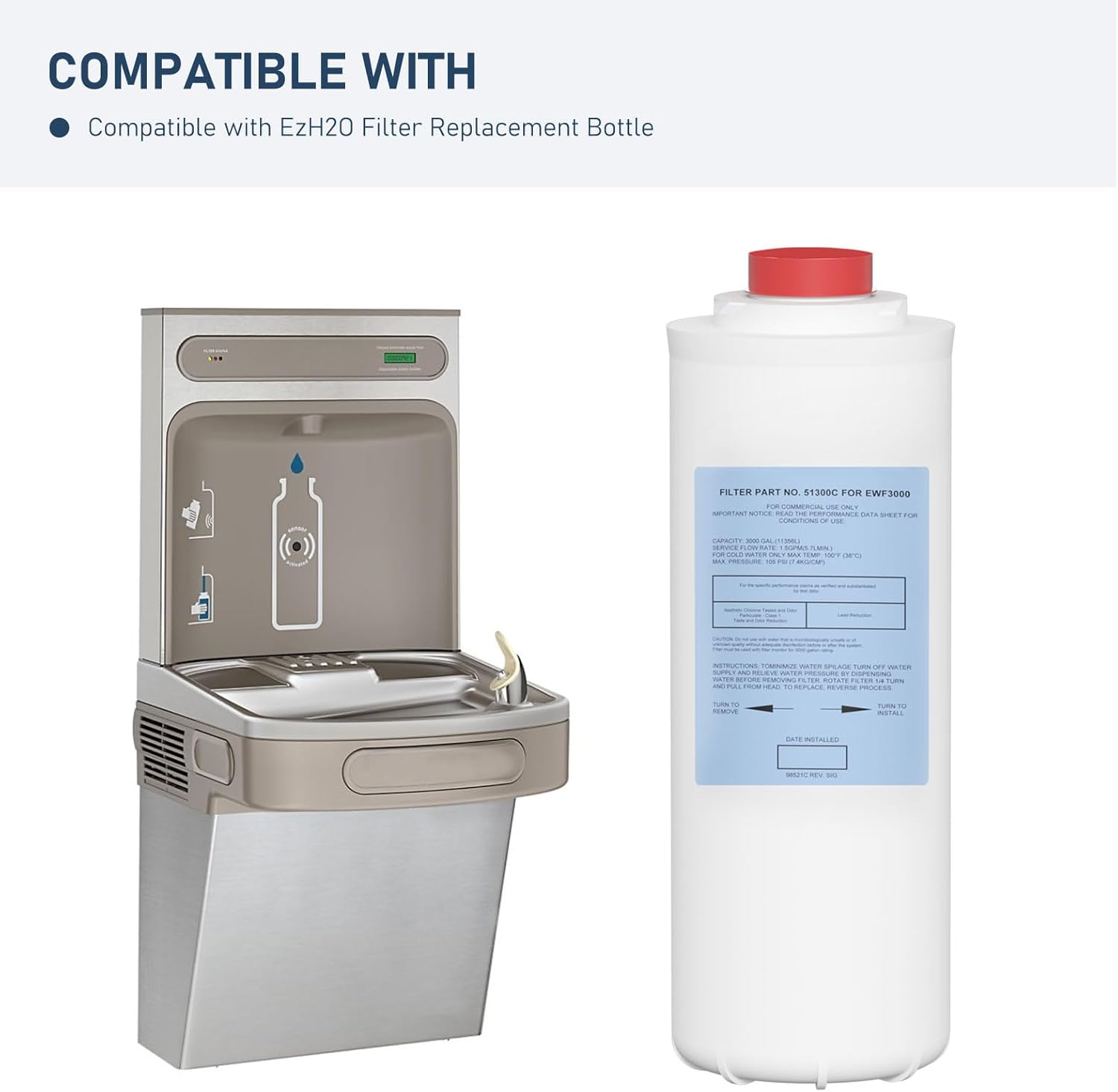 51300C Water Replacement Filter Compatible with Elkay 51300C EWF3000, and Ezh20 Bottle Filling Station, 3000 Gallon Water Filter Replacement for ERF750, 51299C, 55898C (No Chip) 1 Pack