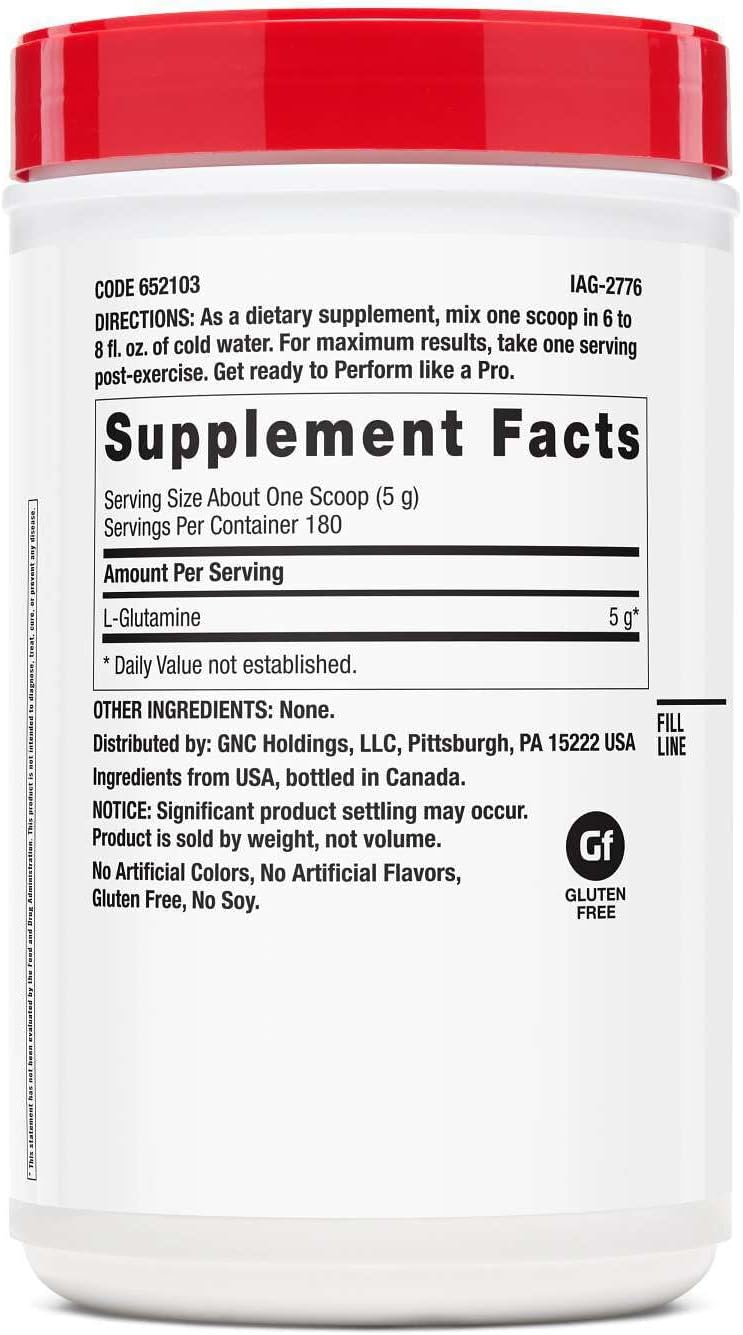GNC Pro Performance L-Glutamine 5000mg, Amino Acid Supplement Powder, Supports Muscle Recovery, Function, Immune System, Plays Key Role in Protein Synthesis, Unflavored, 181 Servings