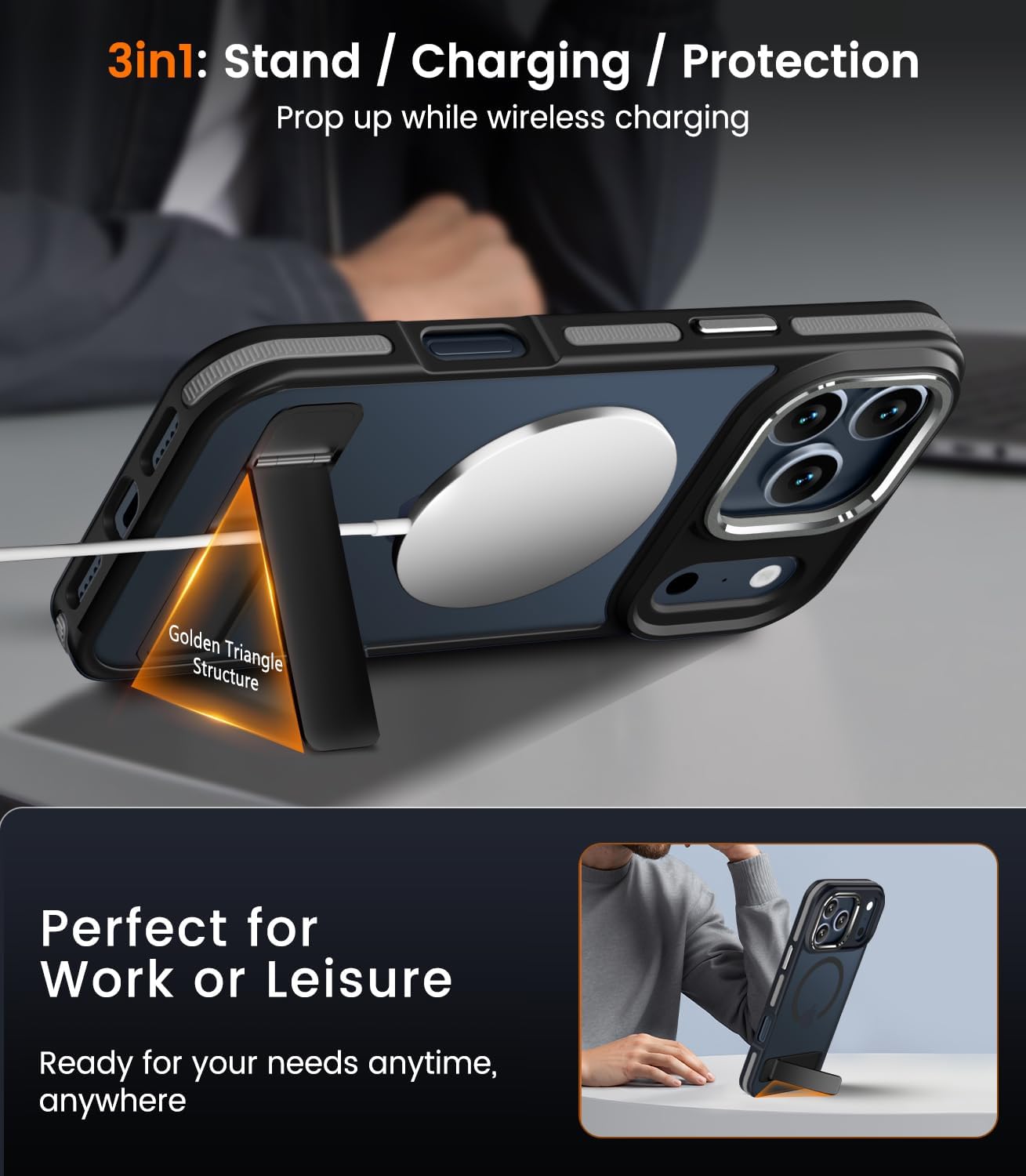 Magnetic for iPhone 17 Pro Max Case with Stand, Compatible with MagSafe, Slim Translucent Matte Military-Grade Drop Protection Phone Cover, Black - Image 2