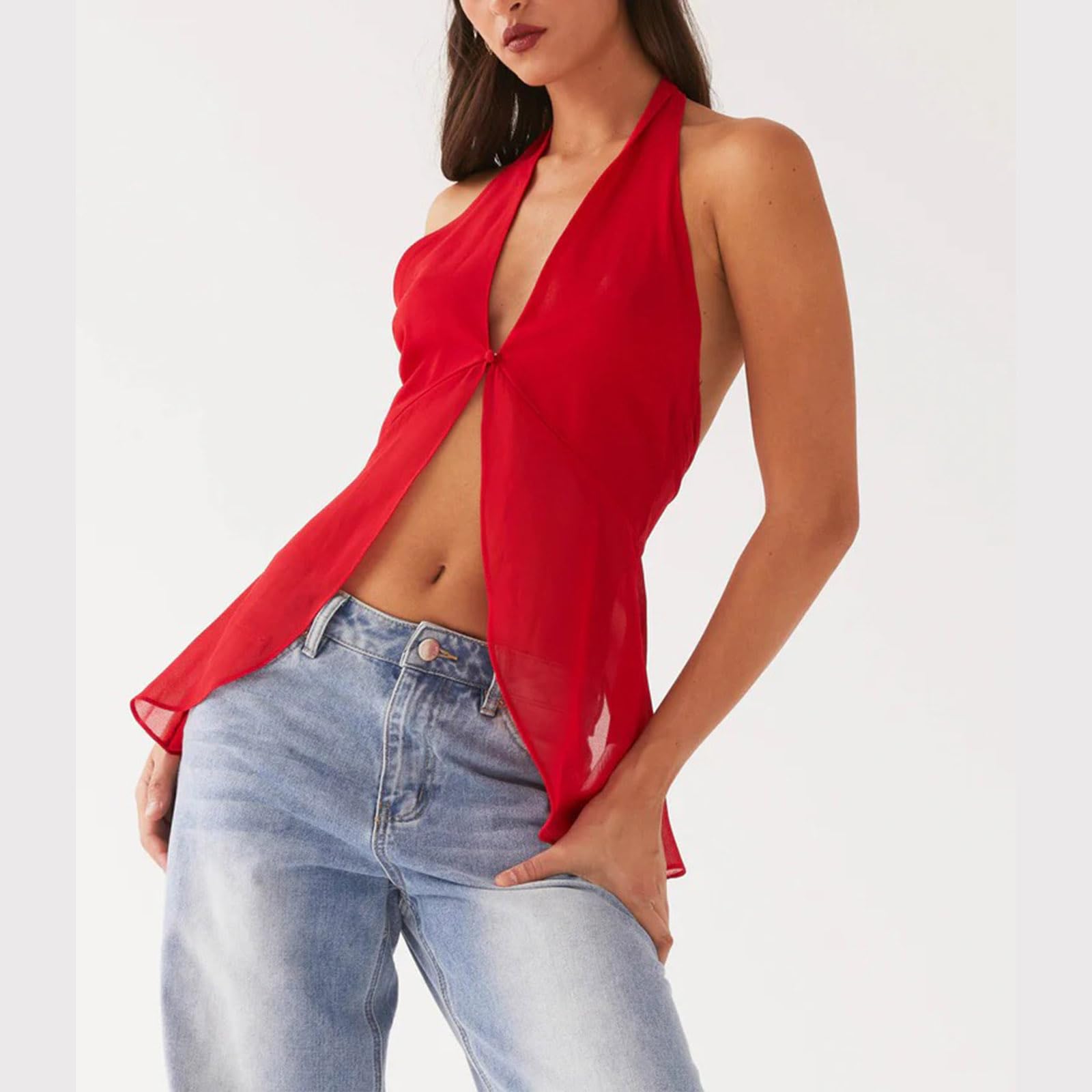 Sexy Outfit Top con Cuello Halter para Mujer, Blusa sin Mangas de Gasa Transparente con Cuello en V Profundo y Espalda Abierta, Top Elegante para Fiesta de Verano