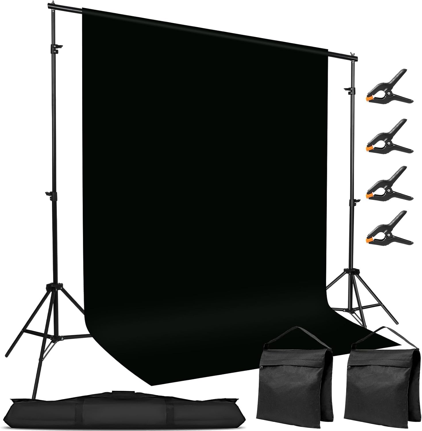 10x7ft Adjustable Photography Backdrop Stand Kit – Photo Studio Background Support with 4 Crossbars, 4 Clamps, 2 Sandbags (with 10 * 7 Feet Black Backdrop Curtain)