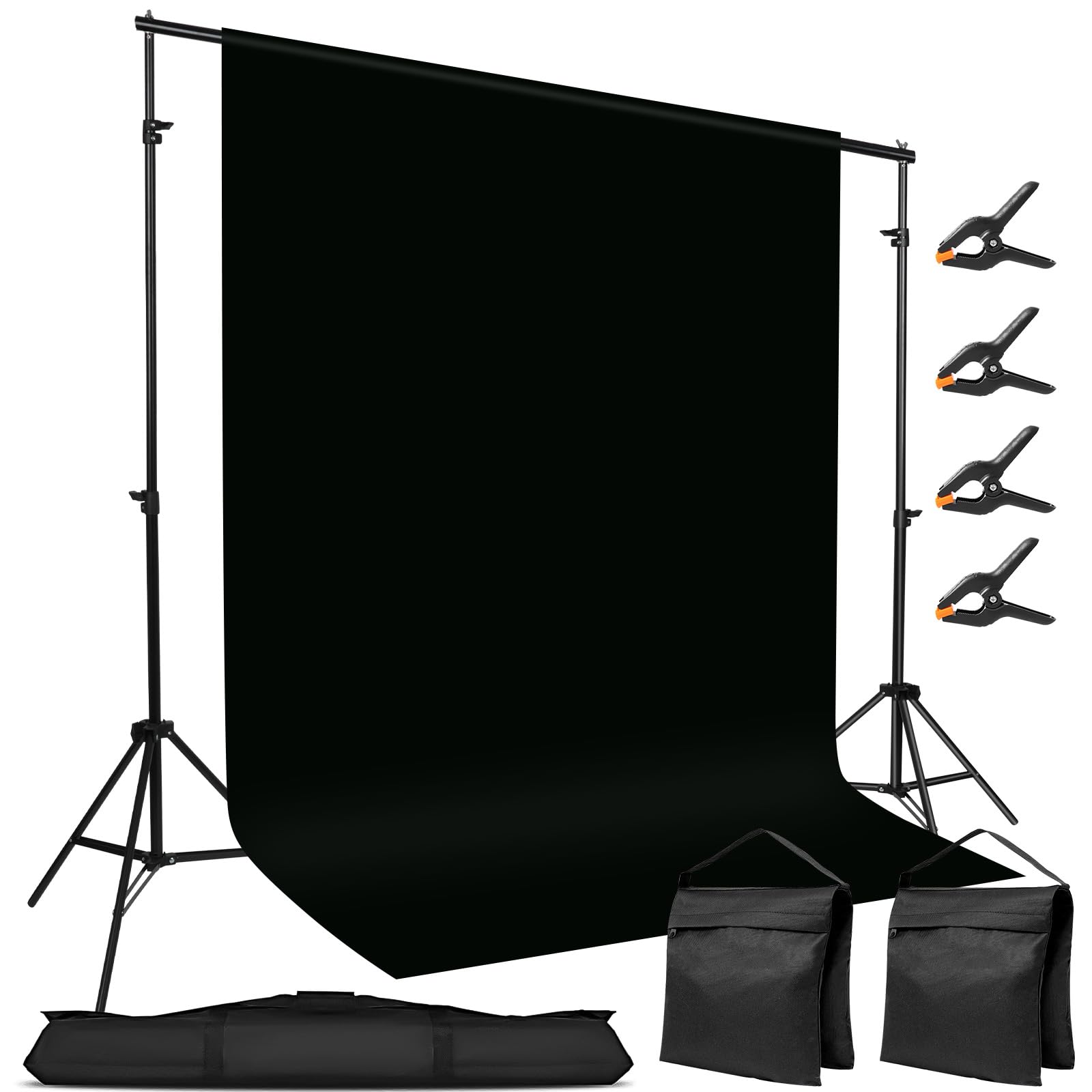 10x7ft Adjustable Photography Backdrop Stand Kit – Photo Studio Background Support with 4 Crossbars, 4 Clamps, 2 Sandbags (with 10 * 7 Feet Black