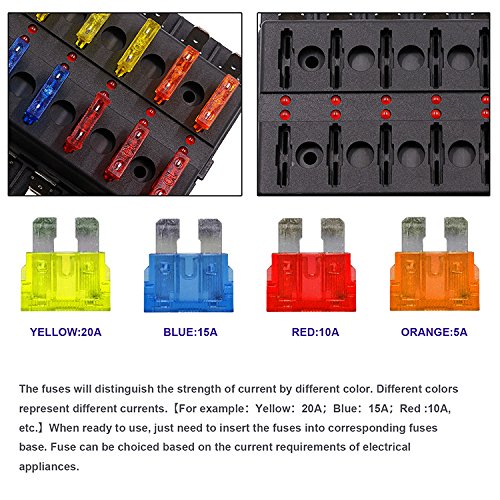 Universal Car Blade Fuse Holder Box 12 Way Fuse Terminal Block with LED Indicator for Car Boat Marine Trike