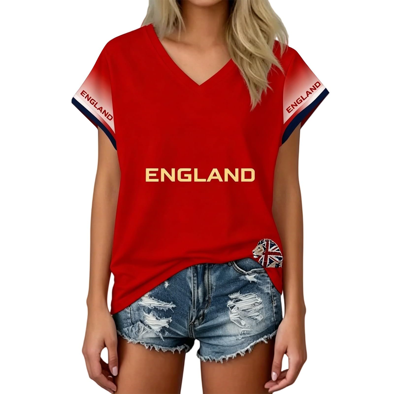 HOOUDO Fan Jerseys Short Sleeve Jersey Retro Graphic Printed V Neck Training Tops Breathable Lightweight Ladies Soccer T-Shirt Athletic Shirts