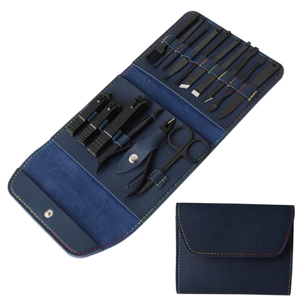 Cortaúñas, juego de manicura, cortaúñas, pedicura, kit de 16 piezas, cortaúñas profesional, herramientas de cuidado de pedicura, herramientas de aseo (negro/gris/marrón) for mujeres y hombres, azul (m