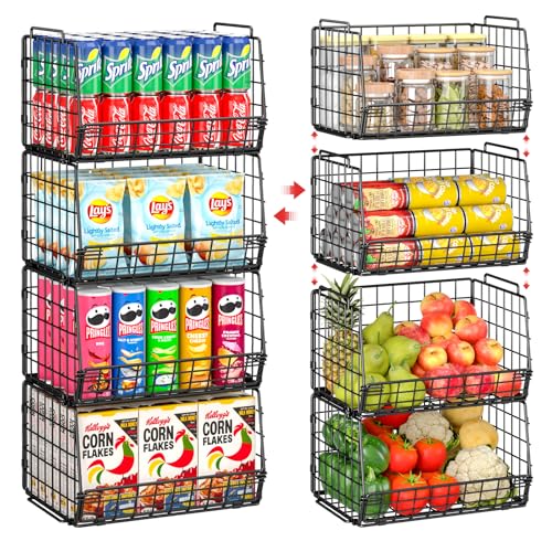 easykitch 4 Pack Stackable Pantry Organizer and Storage Baskets, Foldable Wire Baskets for Pantry Storage, Large Pantry Organizers for Fruit, Vegetable, Snack, Bread, Produce Storage – Black