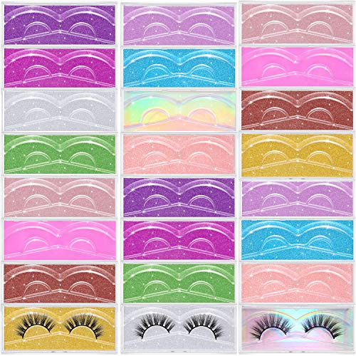 24 Pieces False Eyelash Packaging Box Empty Lash Box Plastic Eyelash Storage Box Clear Empty Eyelash Case with Glitter Paper and Tray for Women Girls Fake Eyelash Care (Multiple Colors)