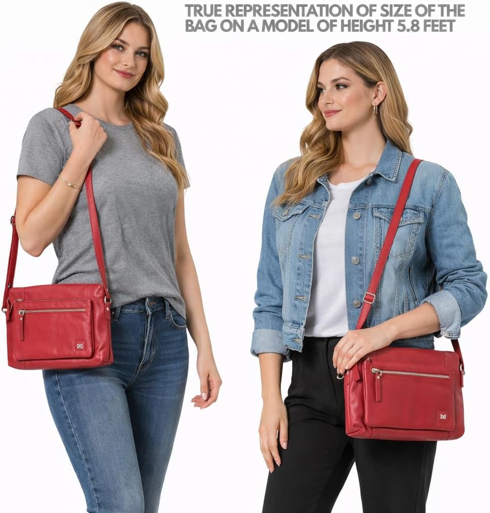 Wise Owl Accessories Small Soft Pebbled Real Leather Crossbody Handbags Purses Triple Zip Premium Sling Crossover Shoulder Bag for Women Gift (Red Nappa) - Image 2