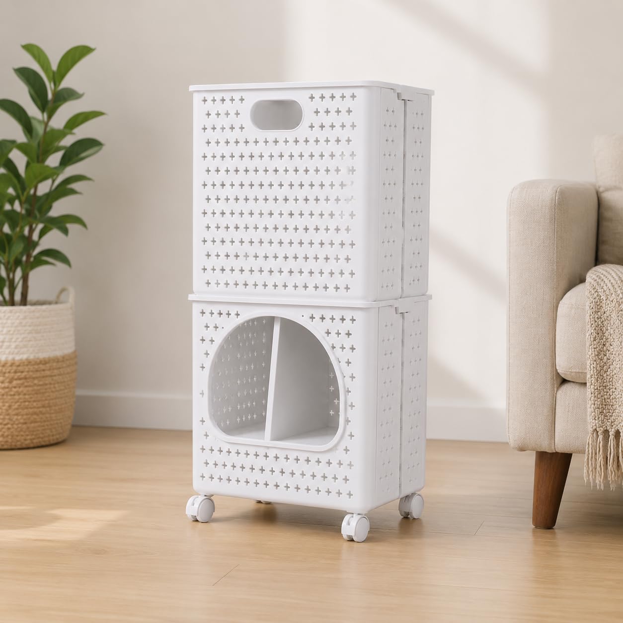 Ash & Roh 2-Tier Foldable Laundry Basket with Wheels, Plastic Clothes Storage Organizer with Handles, Breathable Stackable Hamper for Bathroom Bedroom-image-12