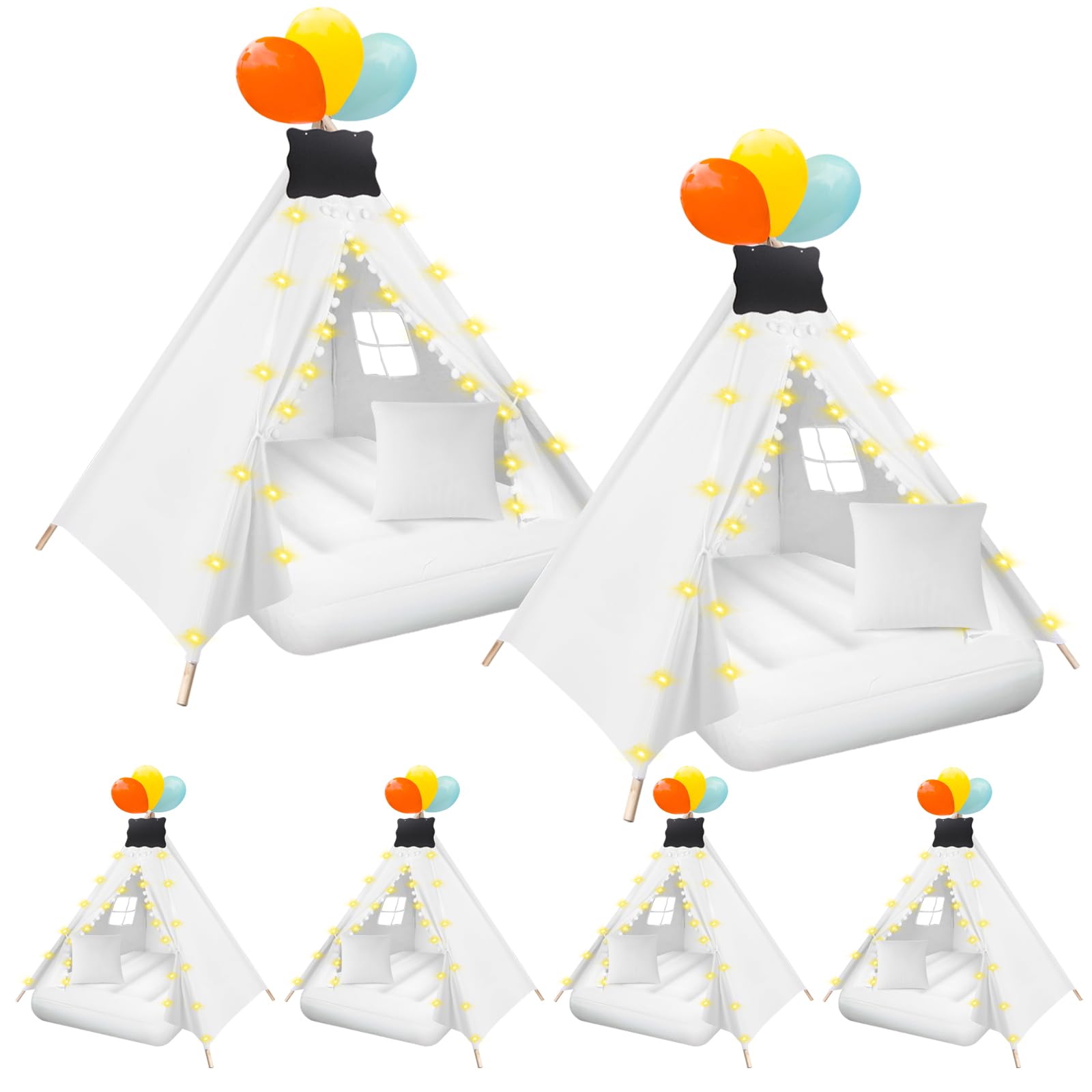 MBJZSL 6pcs Teepee Tent for Kids with Inflatable Airbed Colorful Balloons and String Lights-White