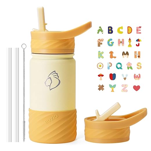 BUZIO Kids Water Bottle Insulated with Straw Lid and Silicone Boot, Stainless Steel Metal Thermo Bottles with Stickers for Toddlers Girls Boys Leak Proof BPA-Free Flask for School