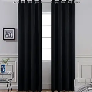 Yakamok Blackout Curtains Room Darkening Thermal Insulated Window Panels,Solid Grommet Top Drapes for Bedroom/Living Room(52Wx90L, Black, 2 Panels)