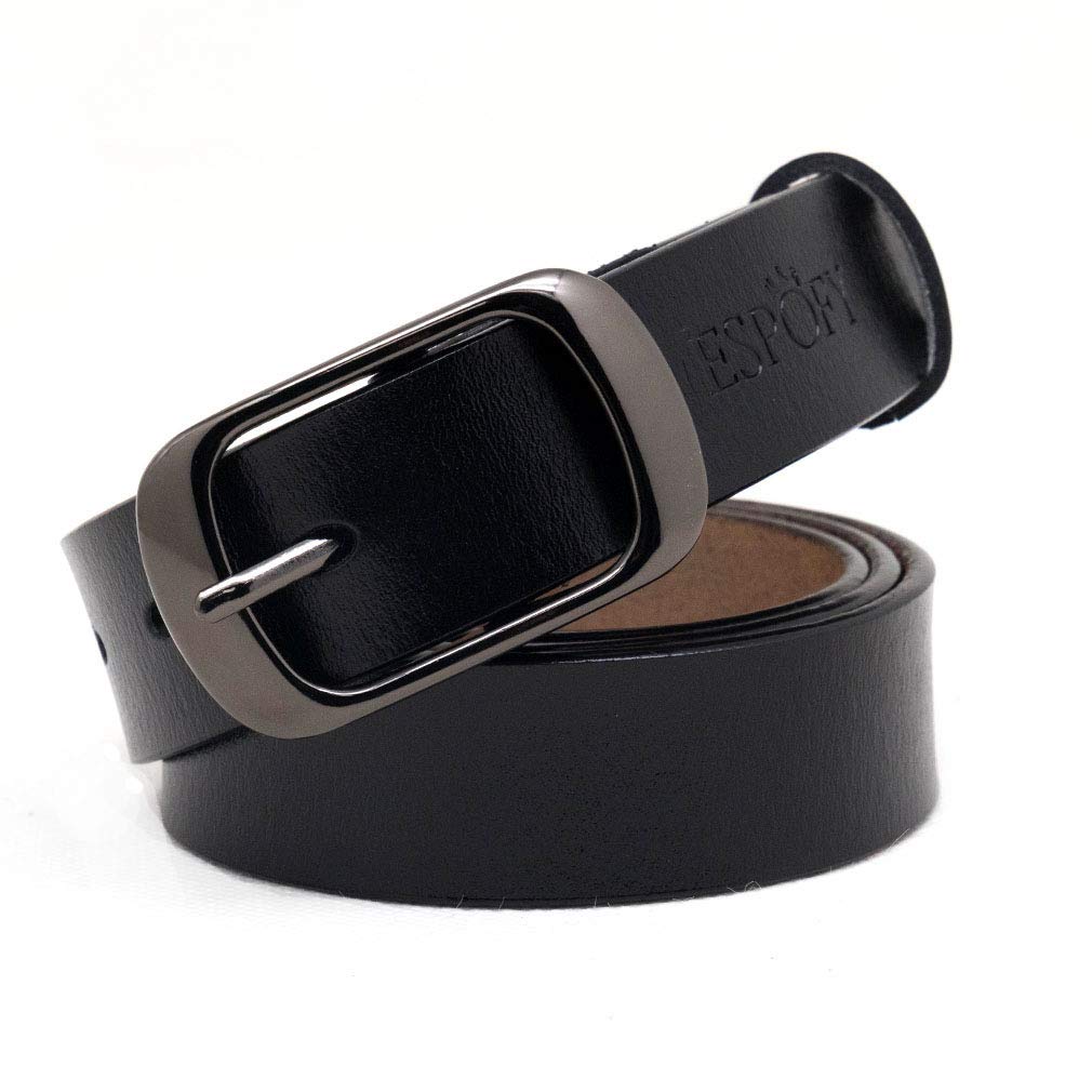 Espofy Women's Black Belt Genuine Leather Belt With Single Prong Alloy Buckle 45Inch (115Cm)